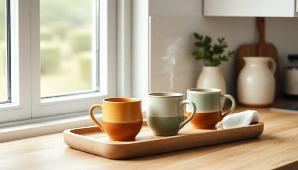Talerze ceramiczne w odcieniach brązu, zieleni i beżu na drewnianym tacy na kuchennym blacie przy oknie, idealne do codziennego użytku i dekoracji stołu.