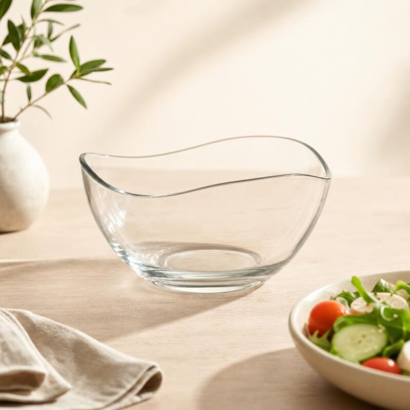 Przezroczysta szklana miska na deser lub sałatkę na jasnym tle, obok talerz z warzywami, minimalistyczny wystrój kuchni, naturalne światło, produkt z oferty sklepu domowyzakatek.pl.