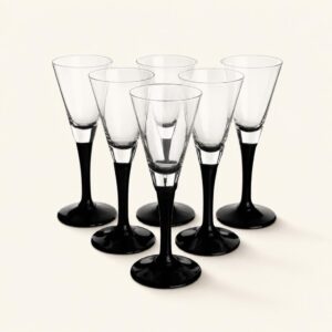 Szklanki do szampana z czarną podstawą i transparentnym kieliszkiem, elegancki zestaw na specjalne okazje, idealny do serwowania napojów alkoholowych.