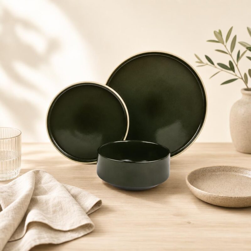 Serwis Obiadowy Ceramiczny 18 Elementów STACK GREEN Oliwkowy Ręcznie Wykonany na 6 Osób