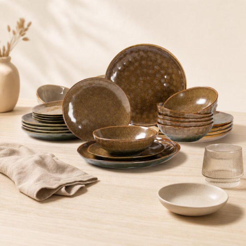 Serwis obiadowy ceramiczny 18 el. Ombres Insta brązowy
