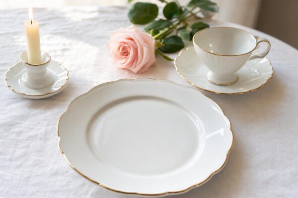 Klasyczny prezent na Komunie - bialy porcelanowy talerz ze zlotym rantem, filizanka, swiecznik z swieca i rozowa roza na bialym lnianym obrusie
