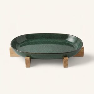 Półmisek owalny z drewnianą podstawką 44 cm Ombres ciemnozielono-granatowy